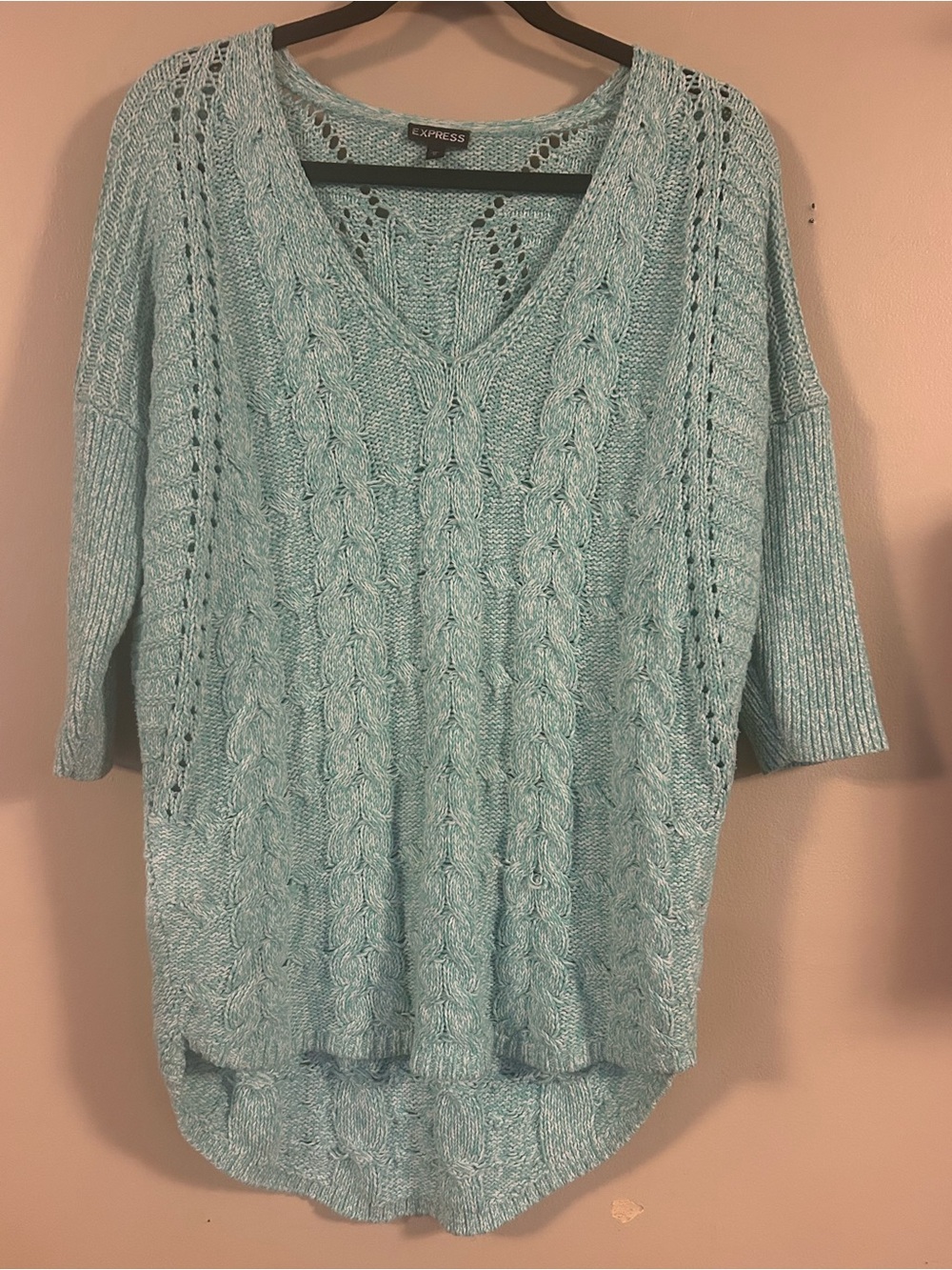 Express Mint Green Cable Knit High-Low Sweater – M